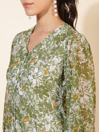Janasya Olive Georgette Floral Printed A-Line Casual Dress - Distacart