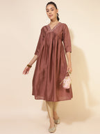 Janasya Brown Crepe Silk Embellished Empire Kurta