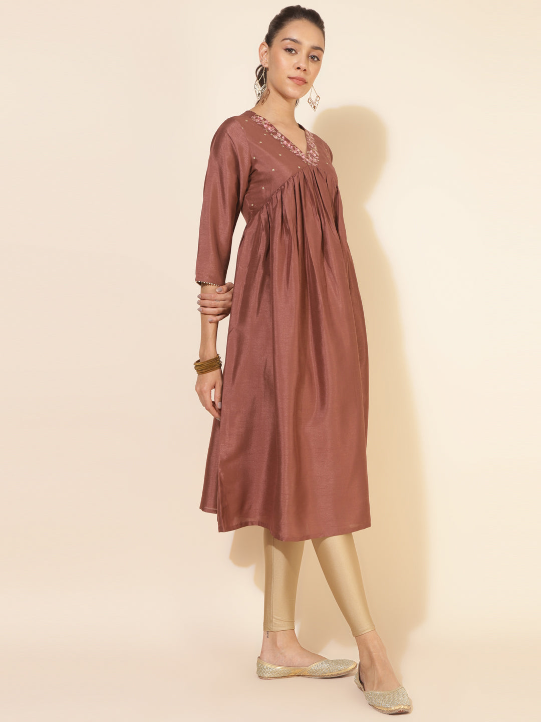 Janasya Brown Crepe Silk Embellished Empire Kurta
