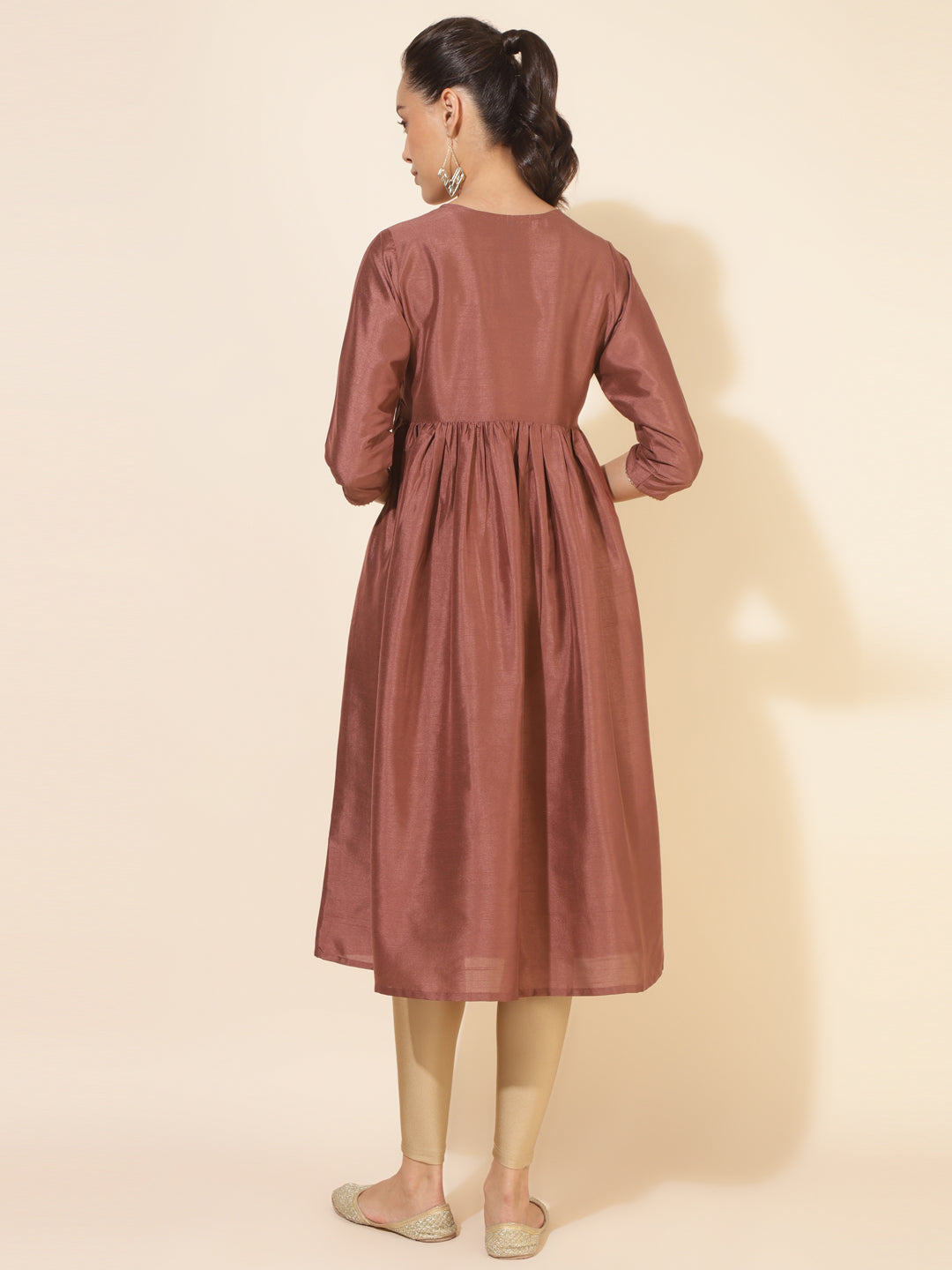Janasya Brown Crepe Silk Embellished Empire Kurta