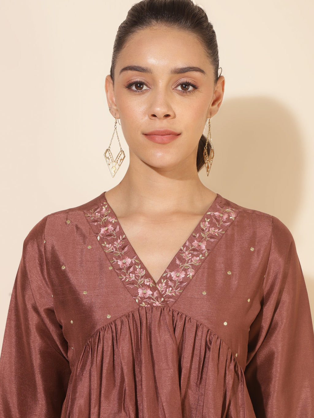 Janasya Brown Crepe Silk Embellished Empire Kurta