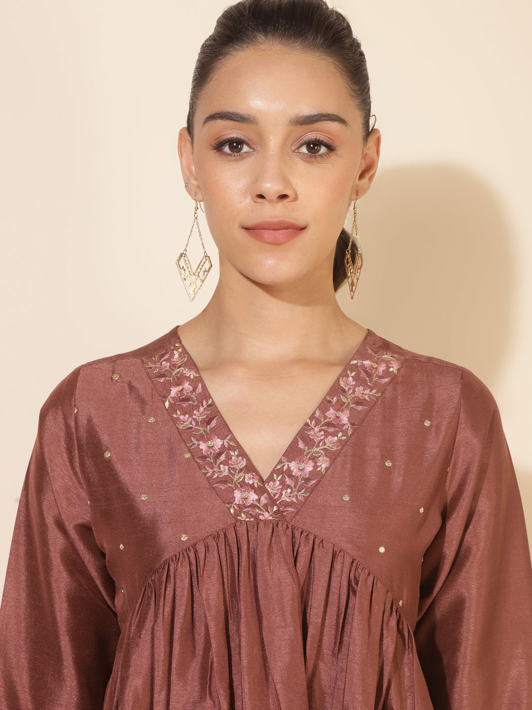 Janasya Brown Crepe Silk Embellished Empire Kurta
