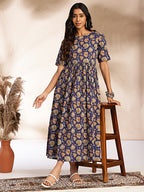 Janasya Dark Blue Cotton Floral Printed Gathered Dress - Distacart