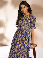 Janasya Dark Blue Cotton Floral Printed Gathered Dress - Distacart