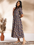 Janasya Dark Blue Cotton Floral Printed Gathered Dress - Distacart