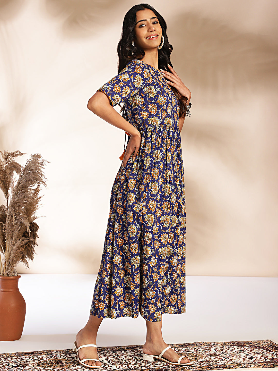 Janasya Dark Blue Cotton Floral Printed Gathered Dress - Distacart