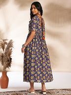 Janasya Dark Blue Cotton Floral Printed Gathered Dress - Distacart