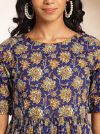 Janasya Dark Blue Cotton Floral Printed Gathered Dress - Distacart