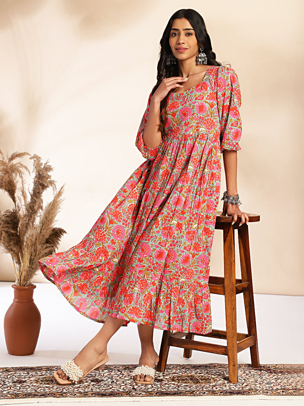 Janasya Multicolor Cotton Floral Printed Flared Dress - Distacart