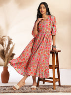 Janasya Multicolor Cotton Floral Printed Flared Dress - Distacart