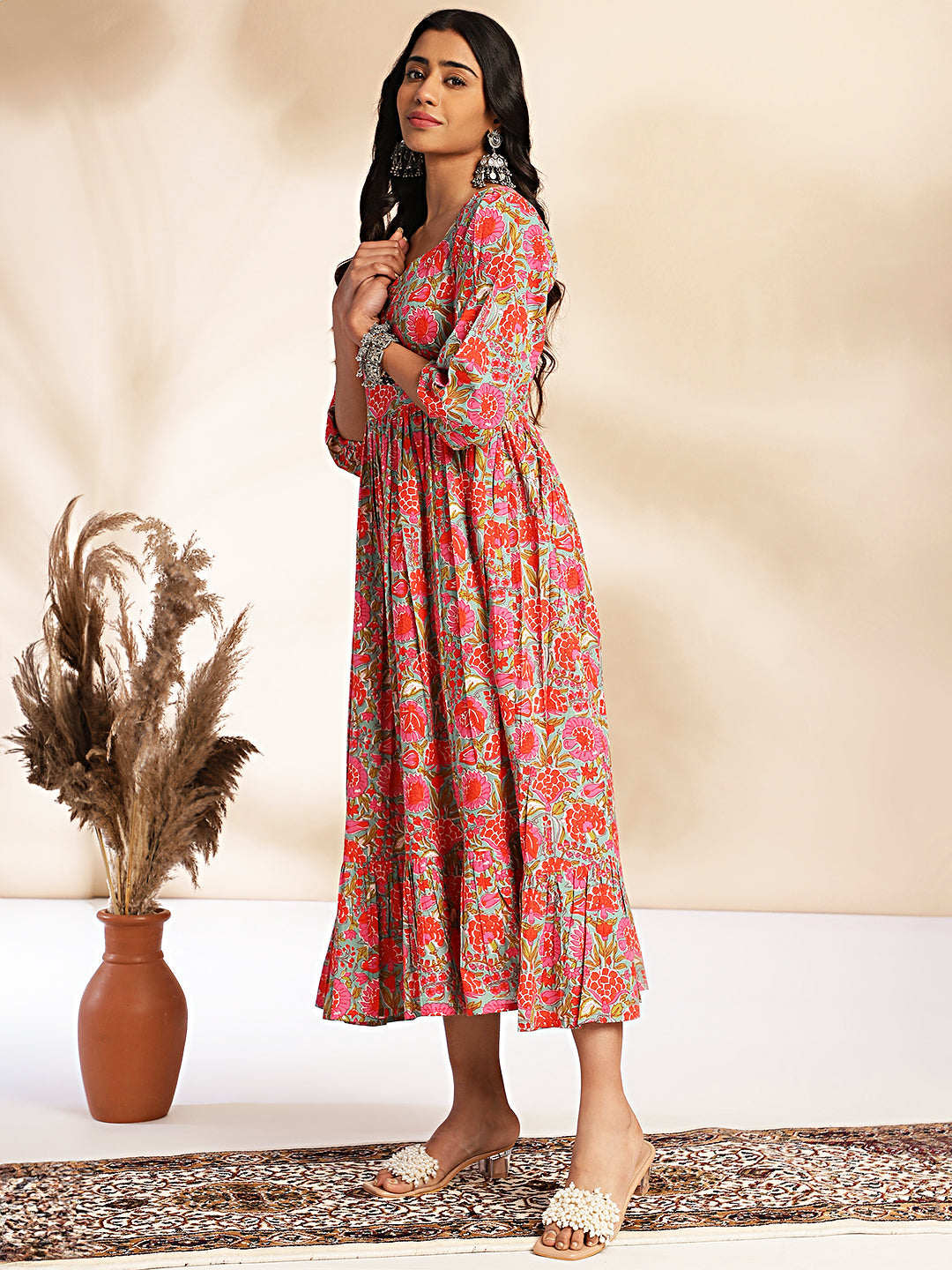 Janasya Multicolor Cotton Floral Printed Flared Dress - Distacart