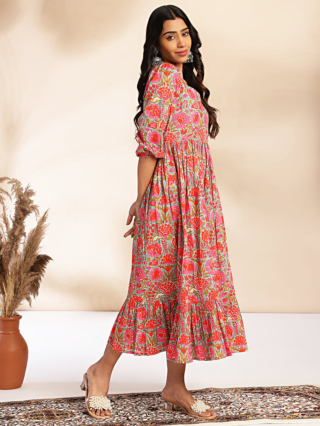 Janasya Multicolor Cotton Floral Printed Flared Dress - Distacart