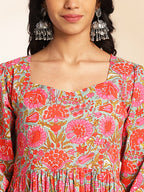 Janasya Multicolor Cotton Floral Printed Flared Dress - Distacart