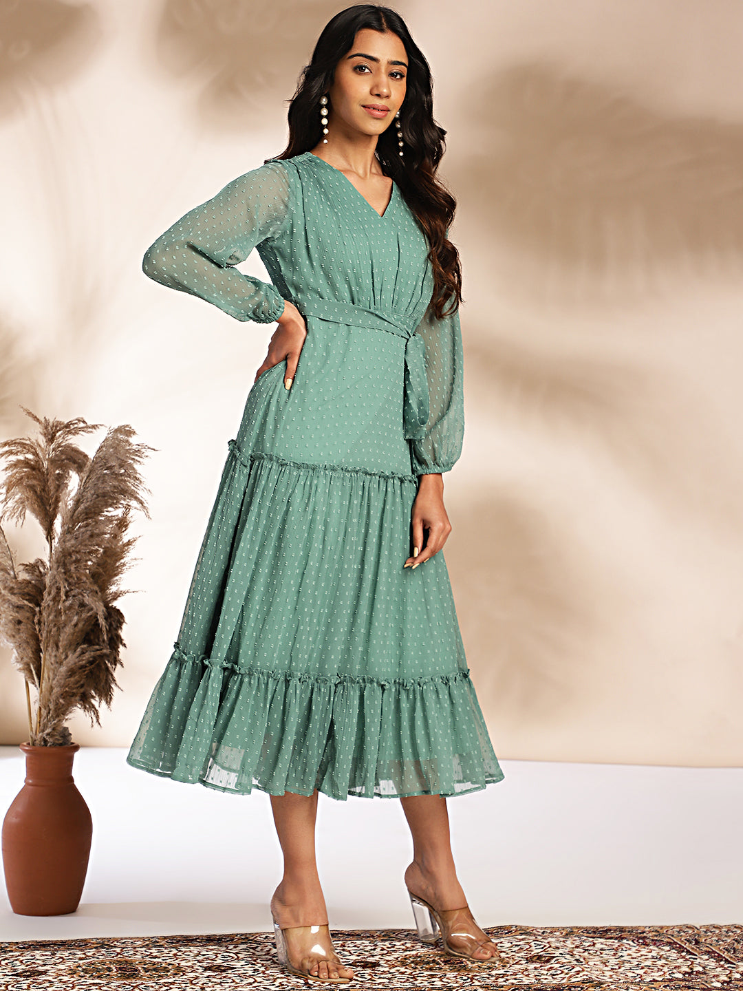 Janasya Sage Dobby Chiffon Solid Tiered Dress - Distacart