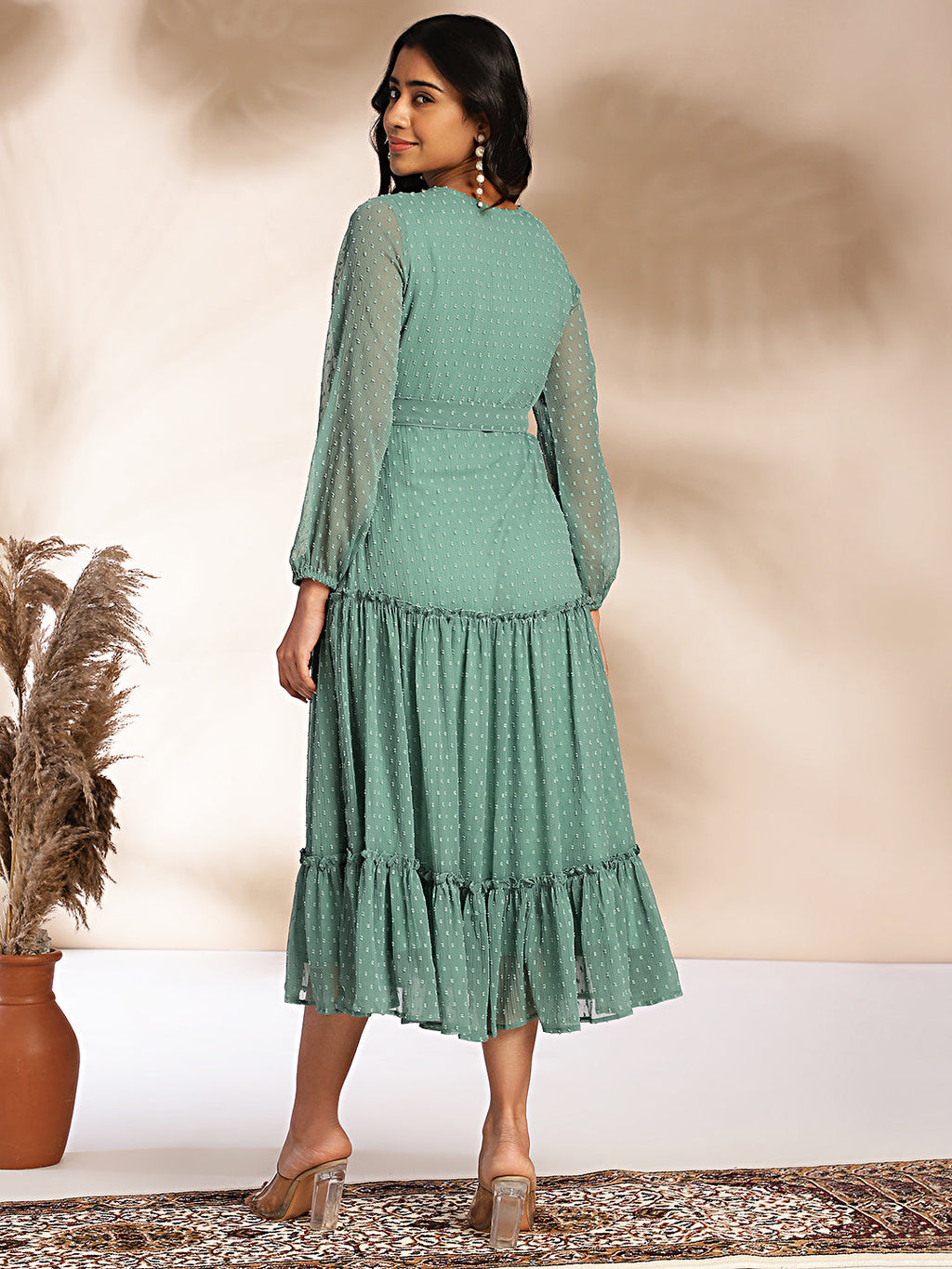 Janasya Sage Dobby Chiffon Solid Tiered Dress - Distacart