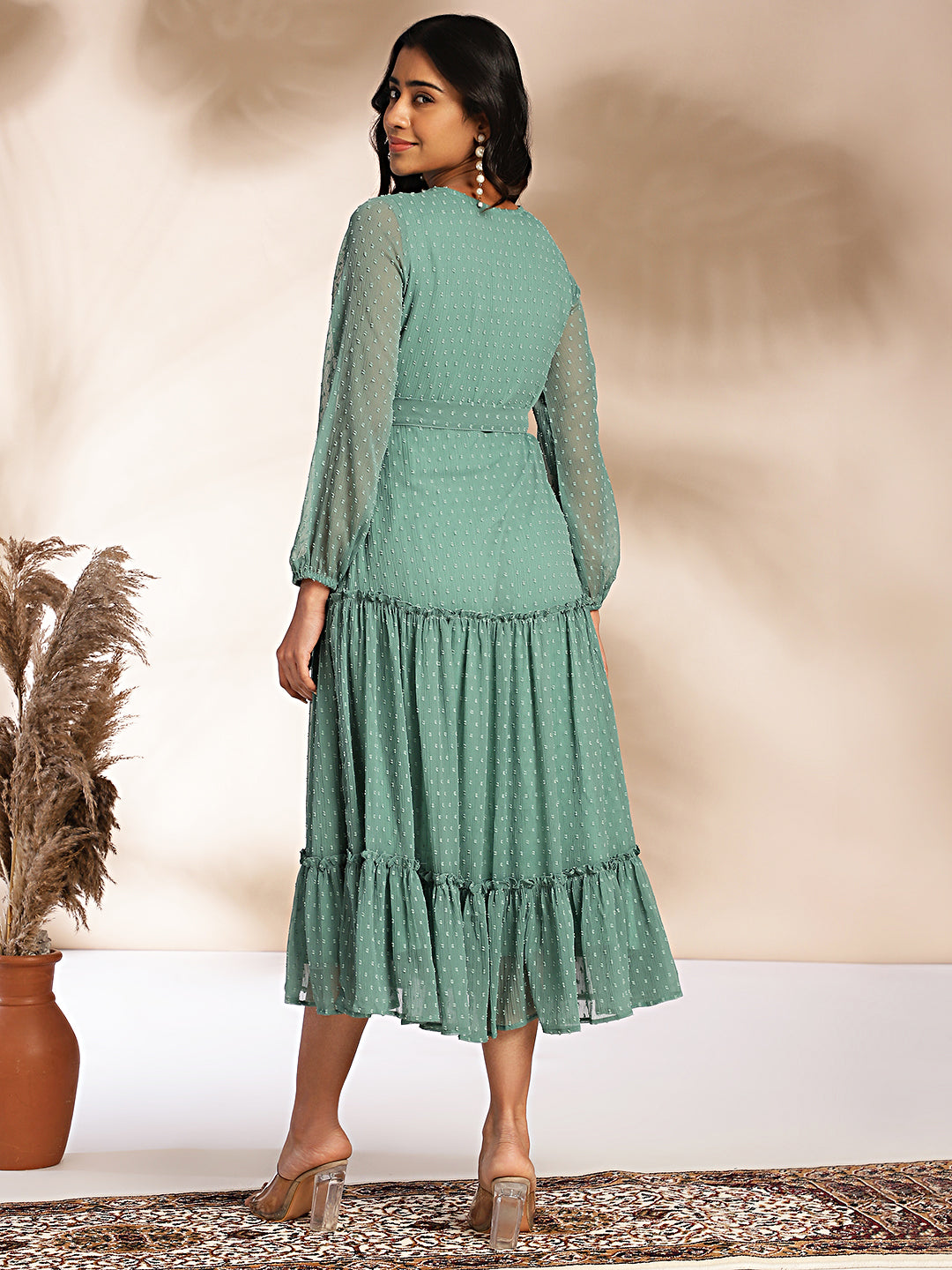 Janasya Sage Dobby Chiffon Solid Tiered Dress - Distacart