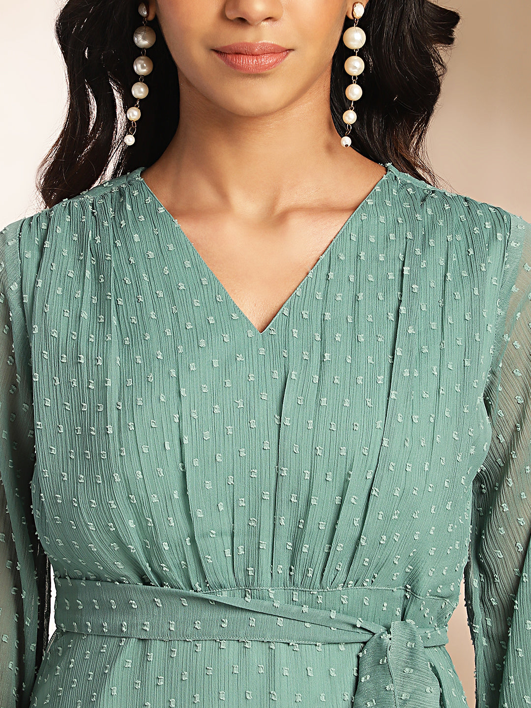 Janasya Sage Dobby Chiffon Solid Tiered Dress - Distacart