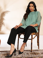 Janasya Sage Dobby Chiffon Woven Design Regular Top