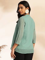 Janasya Sage Dobby Chiffon Woven Design Regular Top
