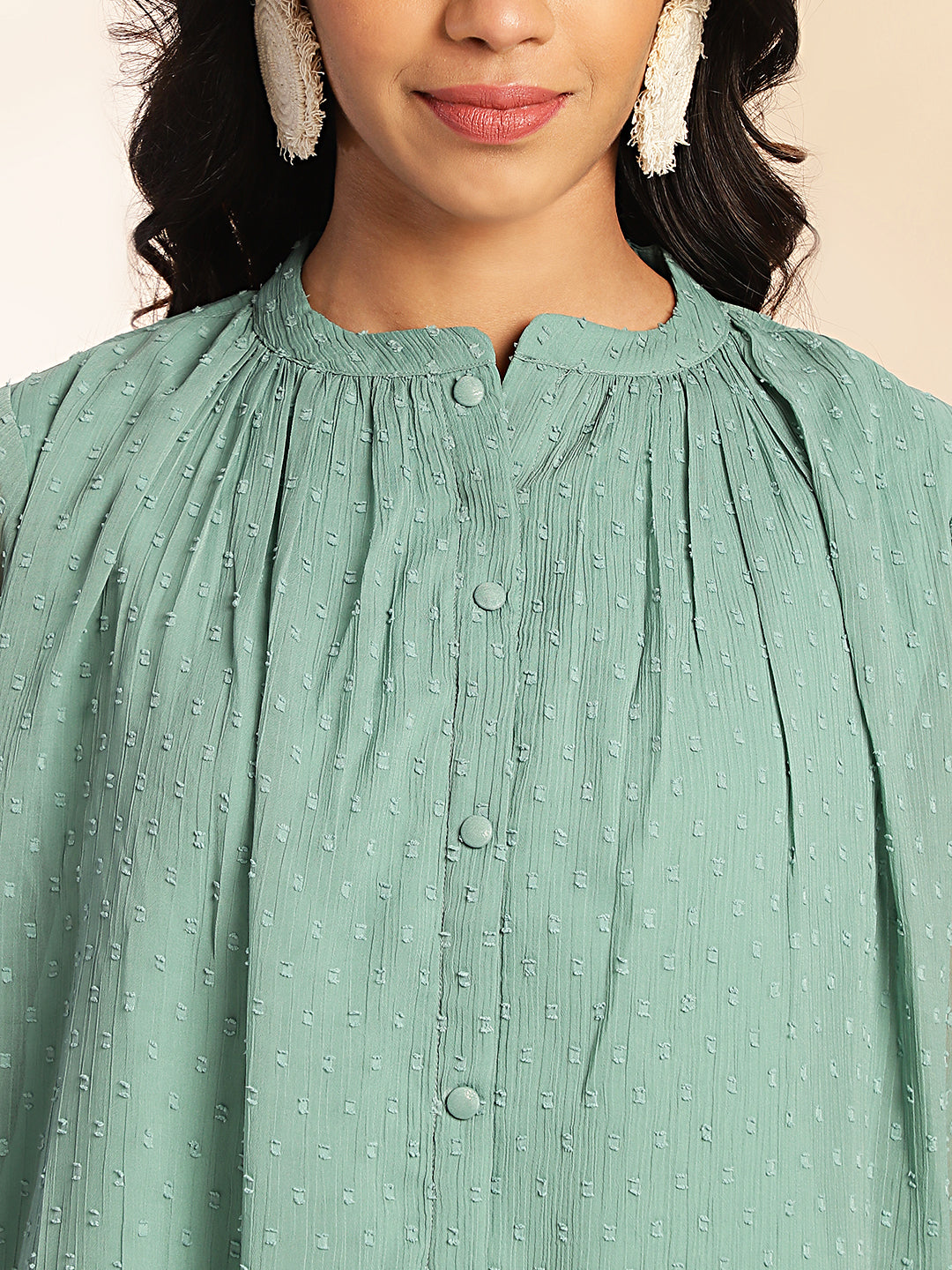 Janasya Sage Dobby Chiffon Woven Design Regular Top