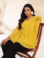 Janasya Mustard Dobby Chiffon Self Design Peplum Top