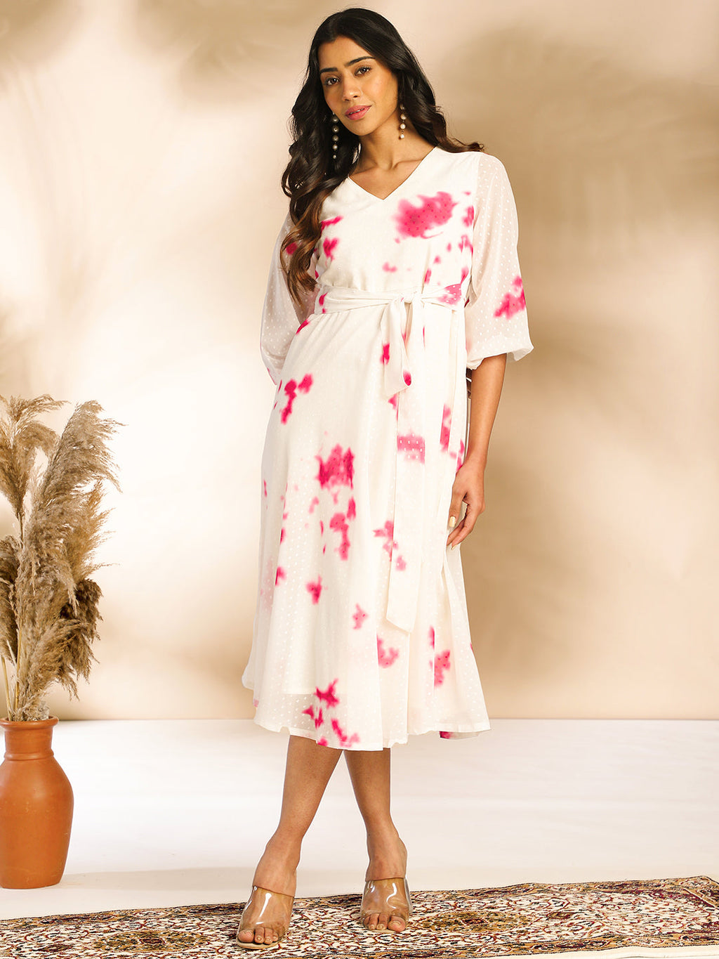 Janasya Off White Dobby Georgette Tie & Dye Fit & Flare Dress - Distacart
