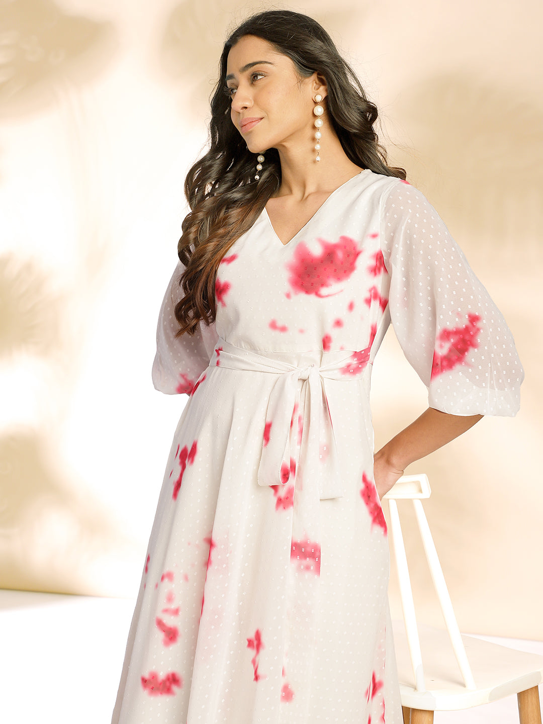 Janasya Off White Dobby Georgette Tie & Dye Fit & Flare Dress - Distacart