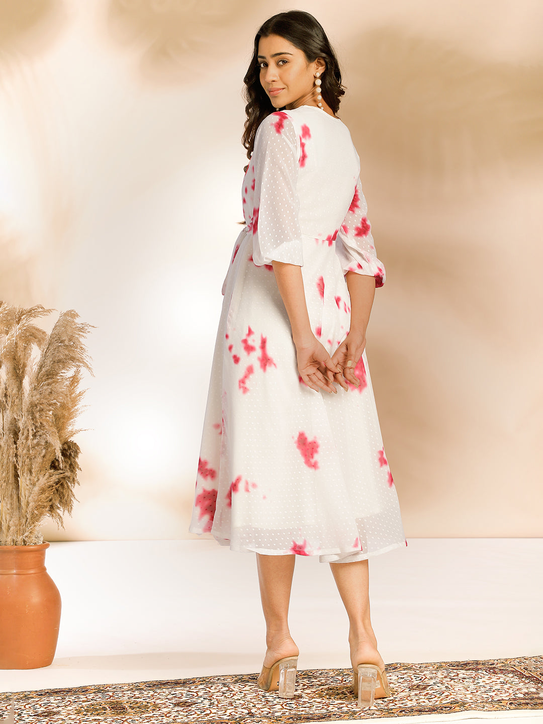 Janasya Off White Dobby Georgette Tie & Dye Fit & Flare Dress - Distacart