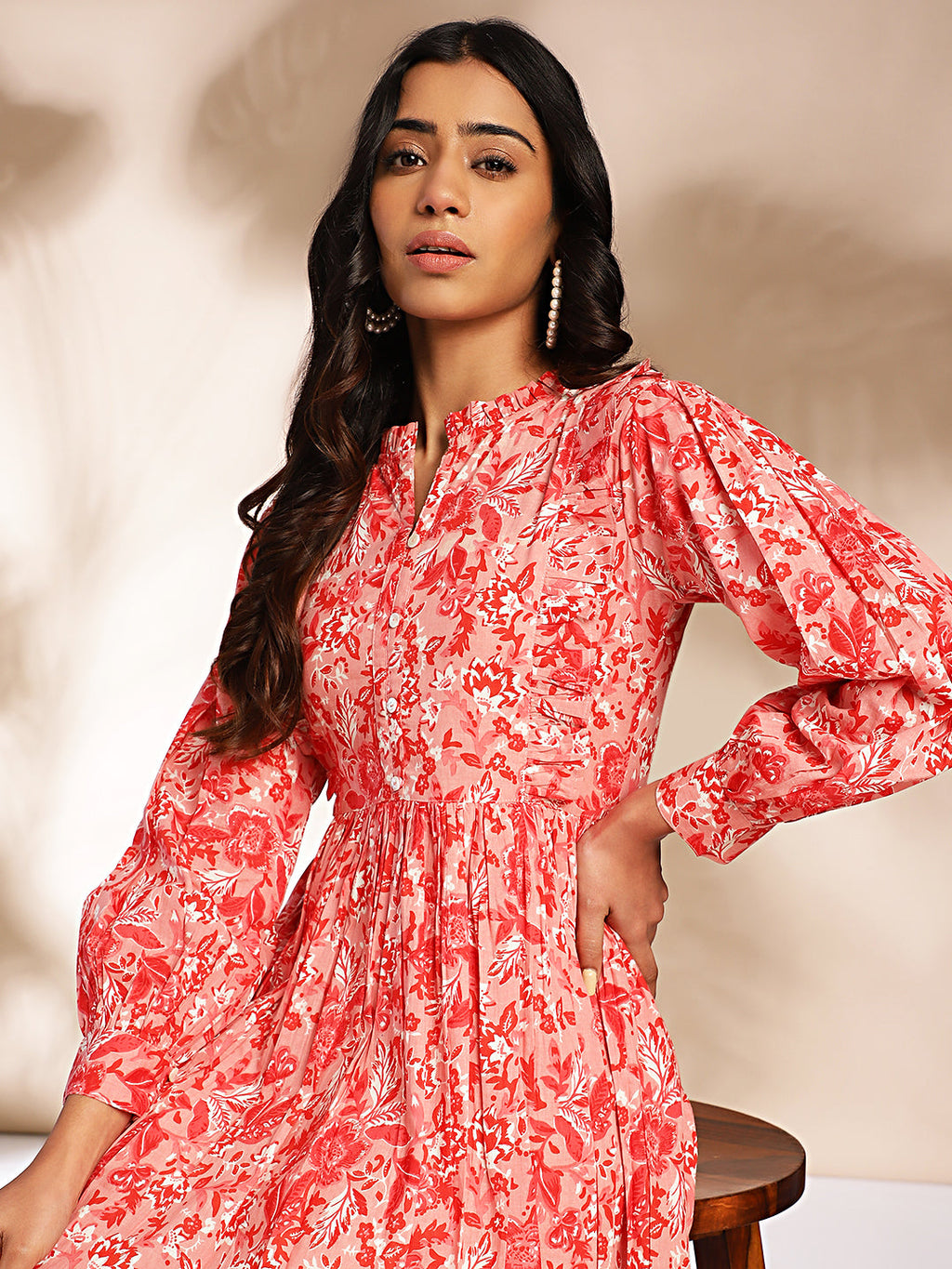 Janasya Pink Cotton Floral Fit & Flare Dress - Distacart