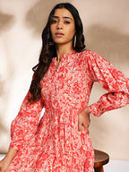 Janasya Pink Cotton Floral Fit & Flare Dress - Distacart