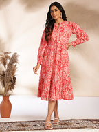 Janasya Pink Cotton Floral Fit & Flare Dress - Distacart