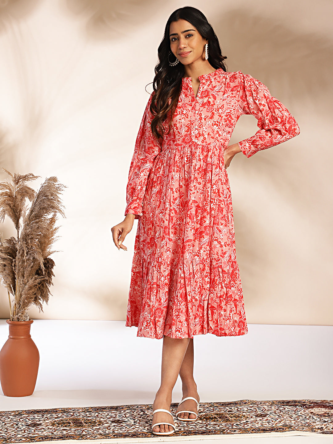 Janasya Pink Cotton Floral Fit & Flare Dress - Distacart
