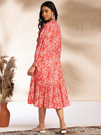 Janasya Pink Cotton Floral Fit & Flare Dress - Distacart