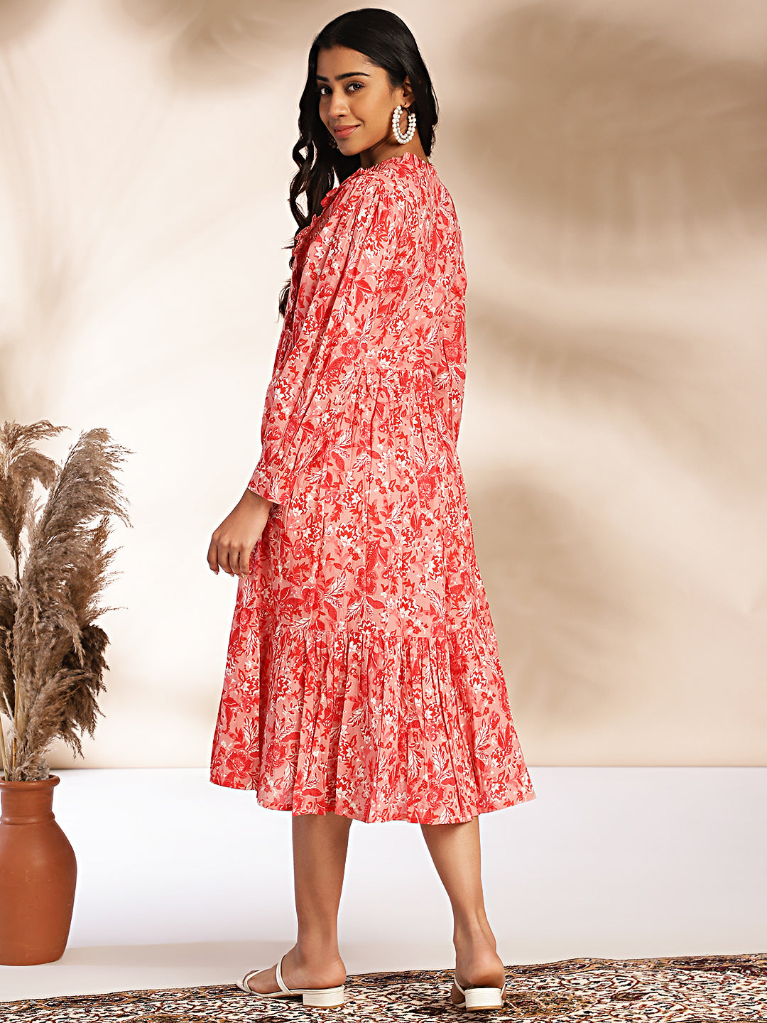 Janasya Pink Cotton Floral Fit & Flare Dress - Distacart