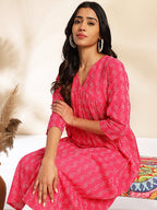 Janasya Pink Cotton Woven Design Gathered Kurta