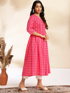 Janasya Pink Cotton Woven Design Gathered Kurta