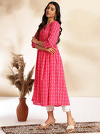 Janasya Pink Cotton Woven Design Gathered Kurta