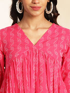 Janasya Pink Cotton Woven Design Gathered Kurta