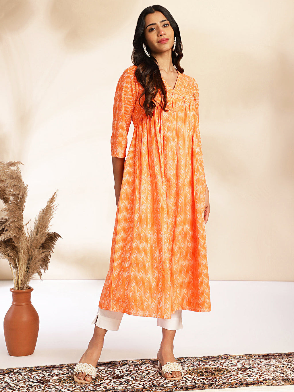 Janasya Orange Cotton Woven Design Gathered Kurta