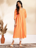 Janasya Orange Cotton Woven Design Gathered Kurta
