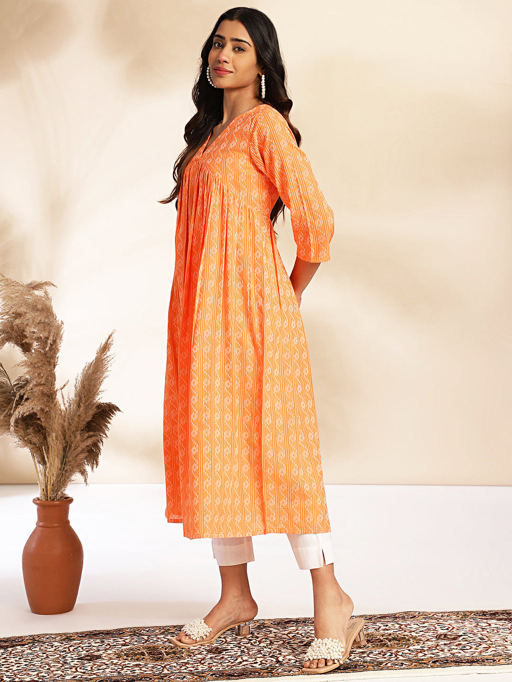Janasya Orange Cotton Woven Design Gathered Kurta