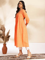 Janasya Orange Cotton Woven Design Gathered Kurta