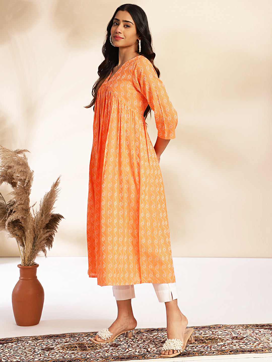 Janasya Orange Cotton Woven Design Gathered Kurta