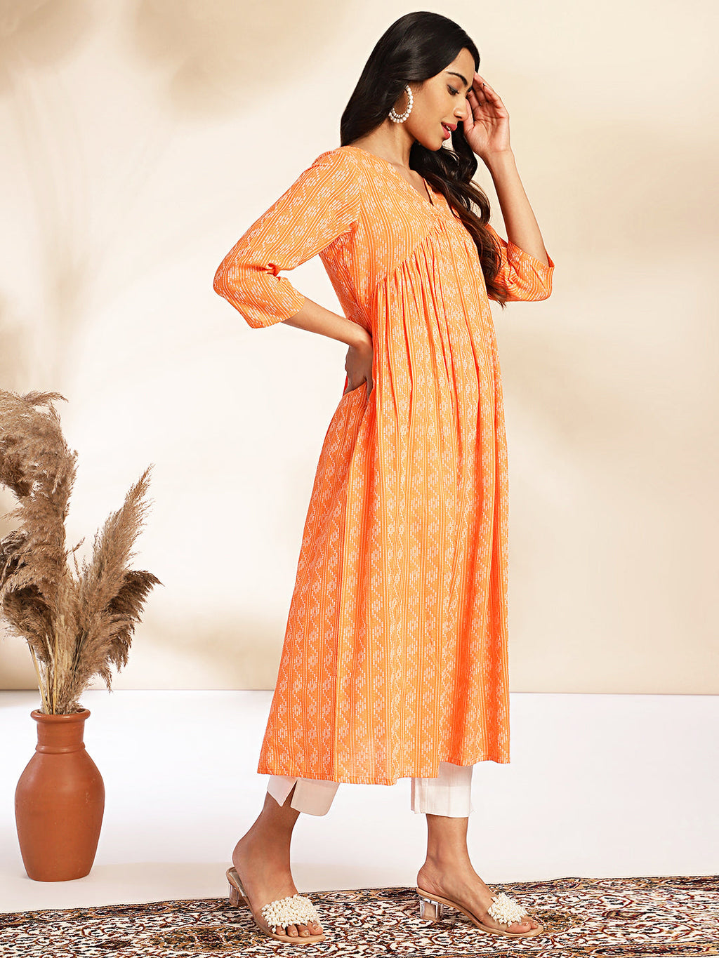 Janasya Orange Cotton Woven Design Gathered Kurta