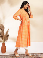 Janasya Orange Cotton Woven Design Gathered Kurta