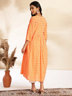 Janasya Orange Cotton Woven Design Gathered Kurta