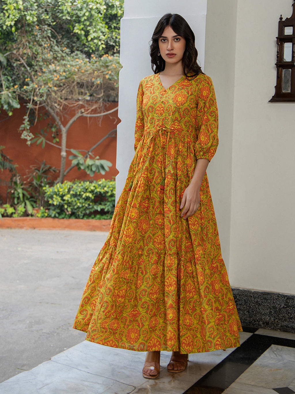 Janasya Green Cotton Printed Tiered Dress - Distacart