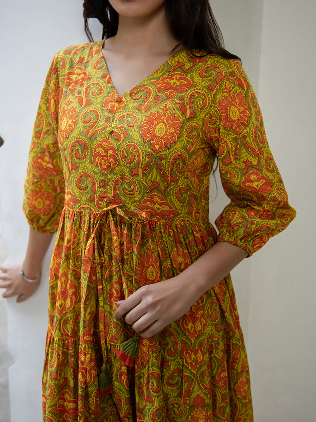 Janasya Green Cotton Printed Tiered Dress - Distacart