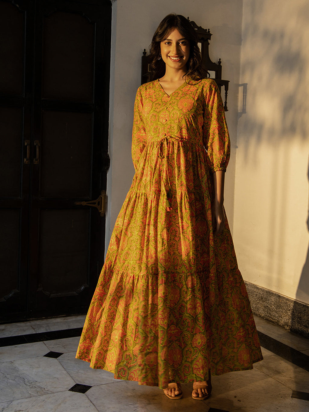 Janasya Green Cotton Printed Tiered Dress - Distacart