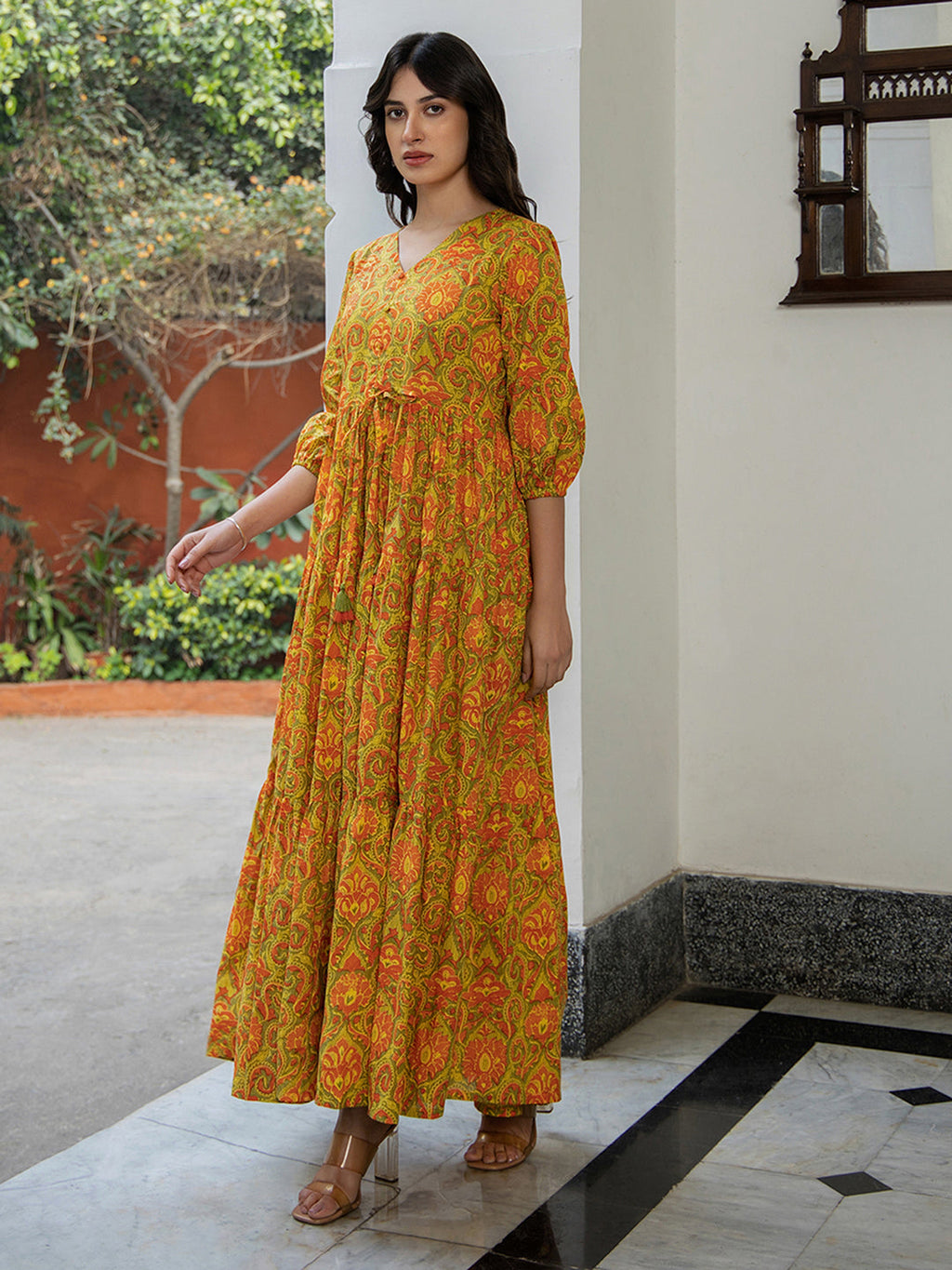 Janasya Green Cotton Printed Tiered Dress - Distacart